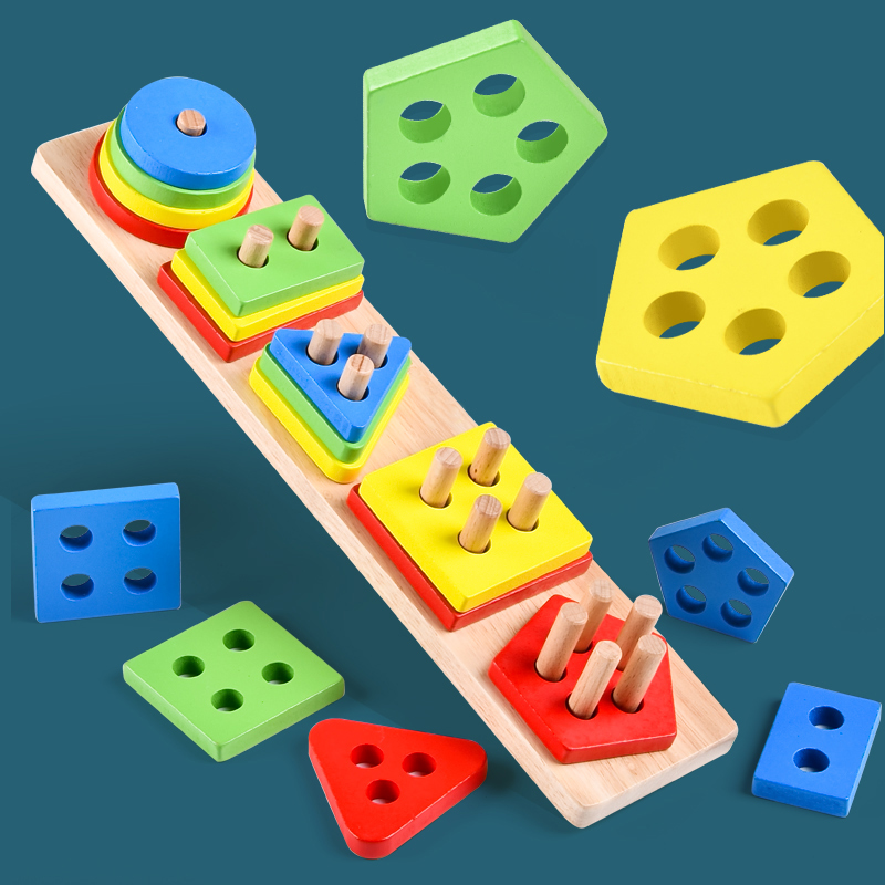 Child shape pairing with blocks Mon's early teaching geometry five sets of pillar toys for boys and girls 4 baby 1 - 2 - 3 years old