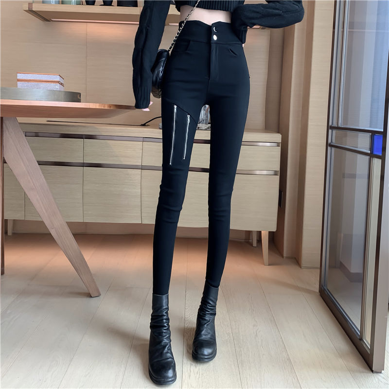 RNRX高腰铅笔裤子拉链打底裤女外穿黑色