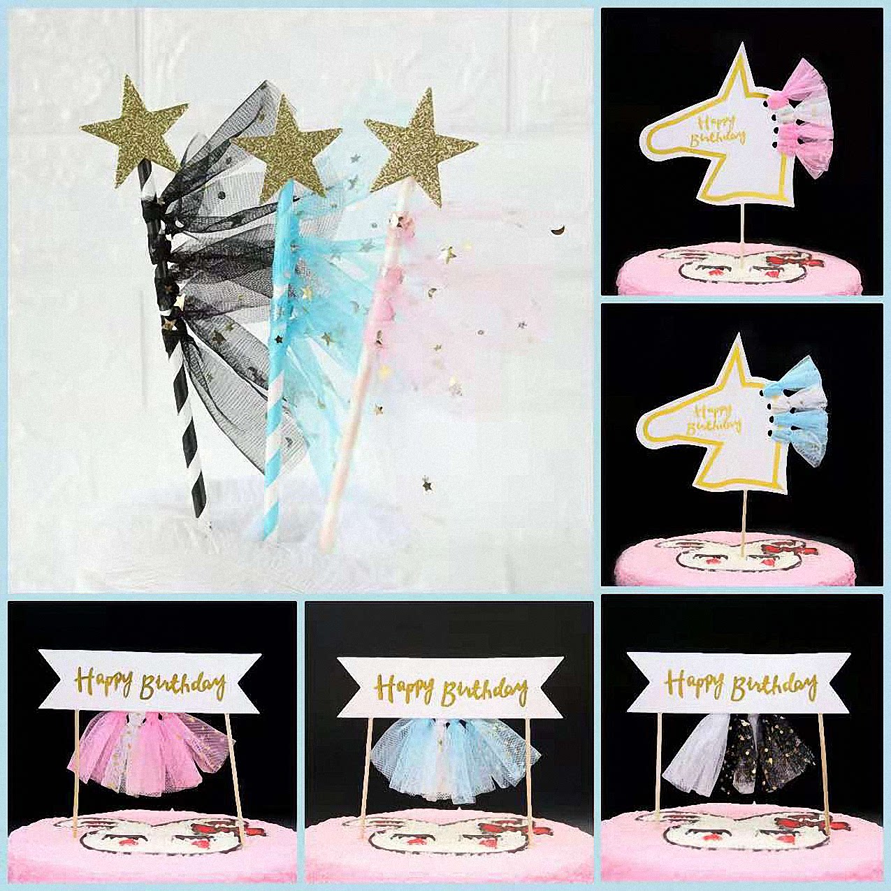 Net red happy birthday card happy birthday tassel horizontal flag wooden horse head unicorn cake baking flag