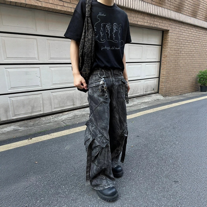 American Retro Y2K Punk Jeans for Men, Trendy Brand, Cool Street Style Pants, Cleanfit Wasteland Style Work Pants