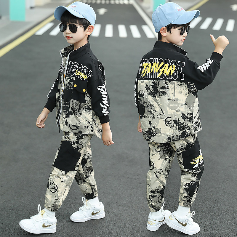 Fried Street Children's Clothing Boys Suit Spring and Autumn Style Middle-aged Boys' Workwear Western Style Tide Brand Children's Camouflage Three-piece Set