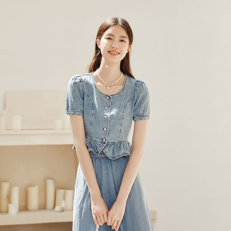 Lucidy Denim Short-Sleeved Shirt Women's Summer Short Fashion Shirt Puff Sleeve Flower Edge Cotton Top