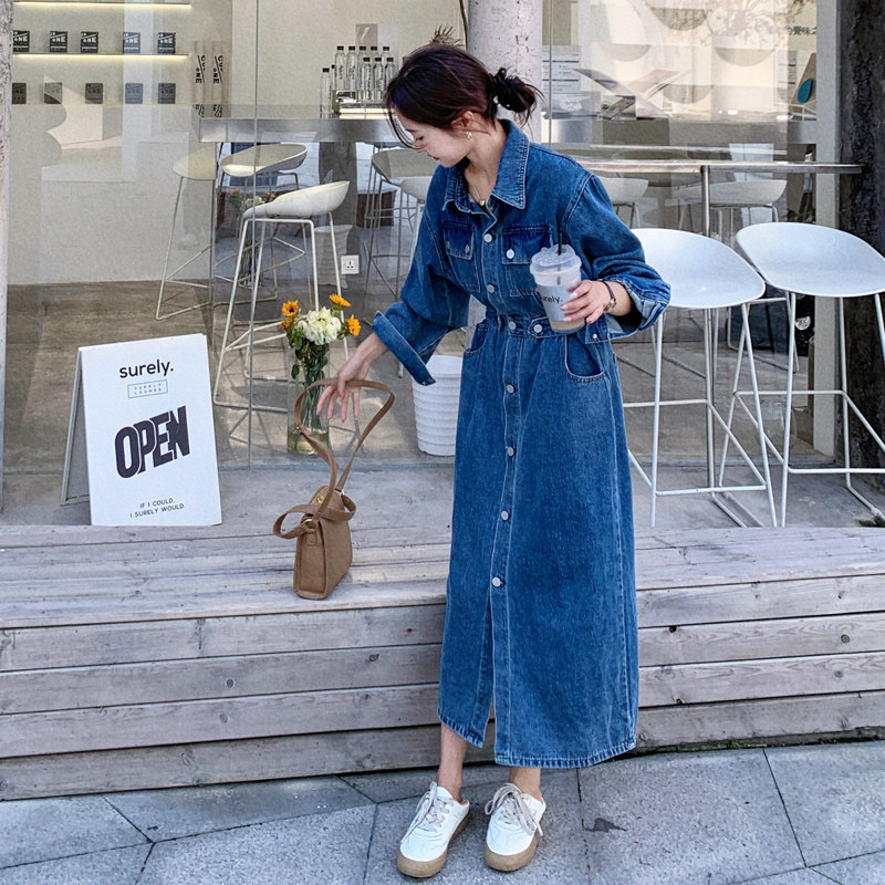 Temperament celebrity sense of luxury waist thin denim shirt long skirt 2022 spring and autumn French cold wind dress