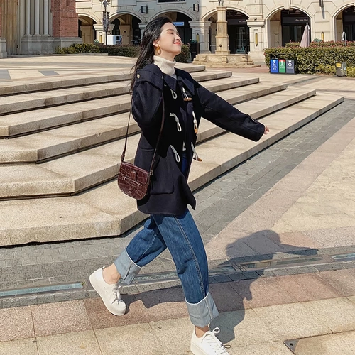 Военно-морское шерстяное пальто, демисезонная куртка, подходит для подростков, в корейском стиле