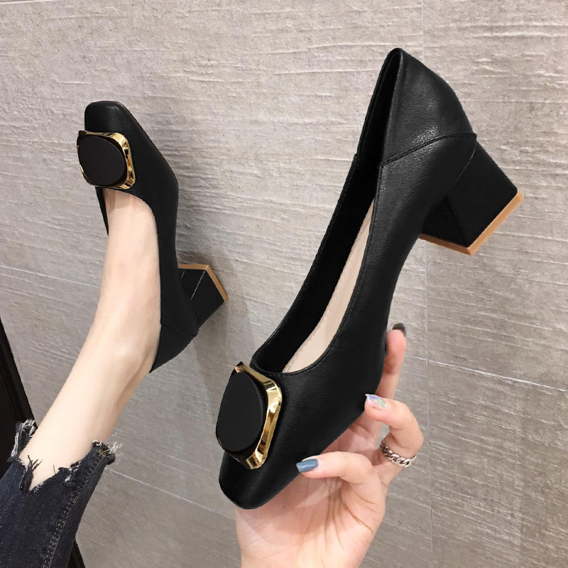 Thick-heeled single shoes women's 2022 autumn new all-match French girl slip-on mid-heel shallow mouth square-toed grandma shoes