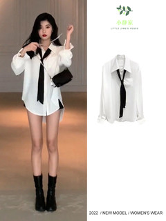 韩版男友风宽松领带白衬衫女2025新款时尚polo领单排扣长袖衬衣潮