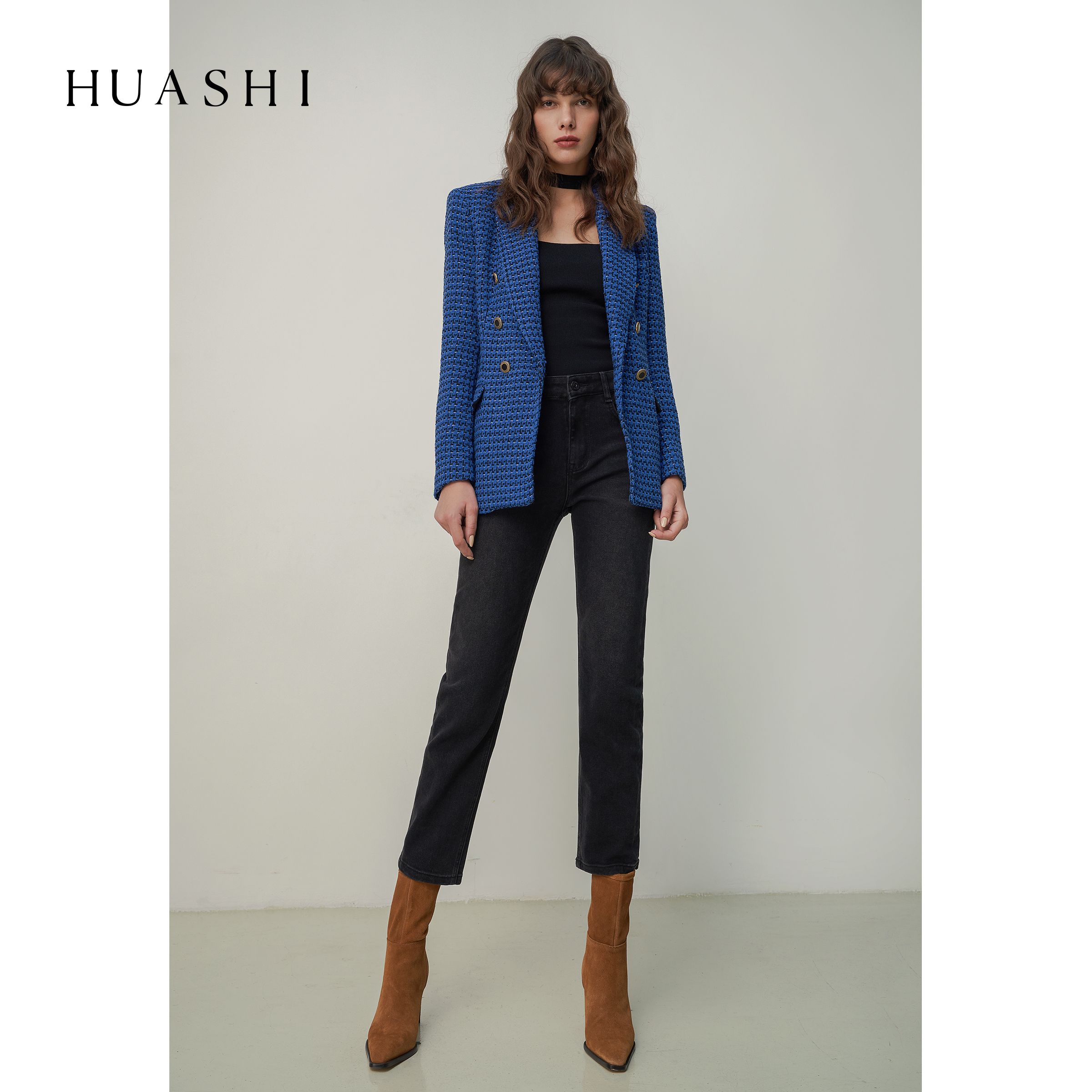 Huashi texture black jeans female mens thin senior French vintage plus plus tub pants winter