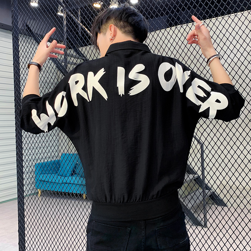 [Letter] BlackShort sleeve shirt male Korean version work clothes trend leisure time Ruffian handsome shirt man handsome three quarter sleeve Clothes 5 points 7 men's wear
