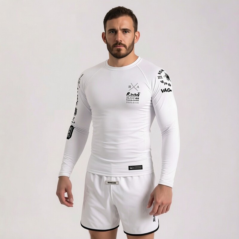 Ronin Miyamoto Musashi Brazilian Jiu-Jitsu Rash Guard Set Nogi Rash Guard White Jiu-Jitsu Training Shorts