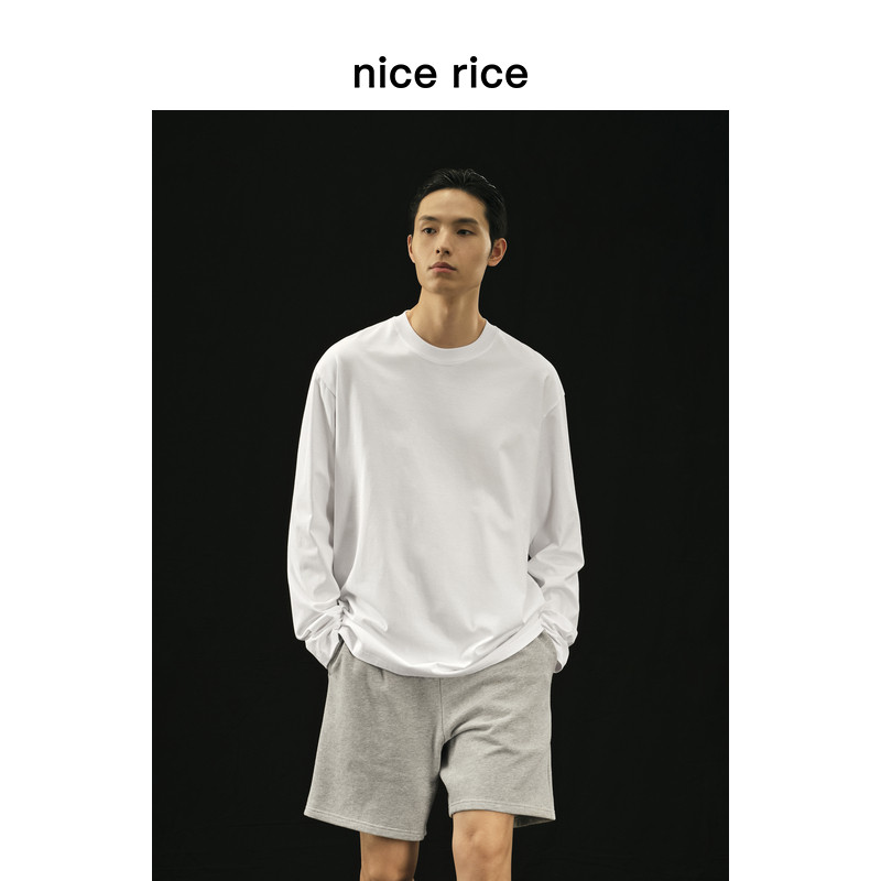 Хороший рис, good rice R.Серия 260 г хлопка, однотонная простая повседневная футболка с круглым вырезом и длинными рукавами NCC02017 Изображение 1