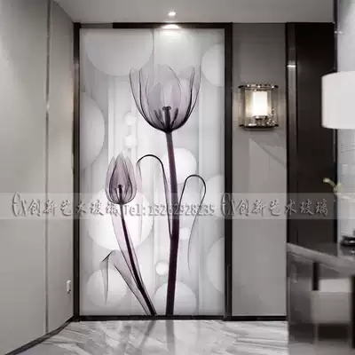 Custom art glass partition screen European style decoration living room entrance cabinet TV background wall carved frosting process