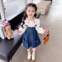 Girl Ocean Gas Spring Fall collar Checkered Cowboy Harness dress with dress suit Baby Long sleeves Skirt Cover Skirt