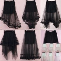 Short skirt mid length net yarn fish tail fairy Little Sexy Student High Waist Half Body Dress Black Yarn Lace Streaming Sand