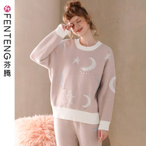 Half-sided fleece] Fenteng autumn and winter pajamas womens thick warm pull-up coral velvet can be worn outside the ladies loungewear set