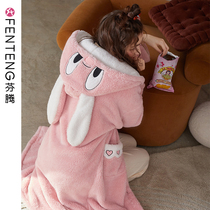 Fenteng autumn winter coral velvet nightgown women thick warm winter cartoon hooded pajamas can be worn outside the loungewear bathrobe