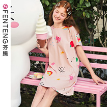 Fenteng nightgown womens short sleeve cotton thin summer loose Korean version cute pajama short skirt summer homewear dress
