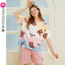 Fenten short-sleeved pajamas womens cotton thin summer pull overs cute loose girly plus size cotton loungewear set
