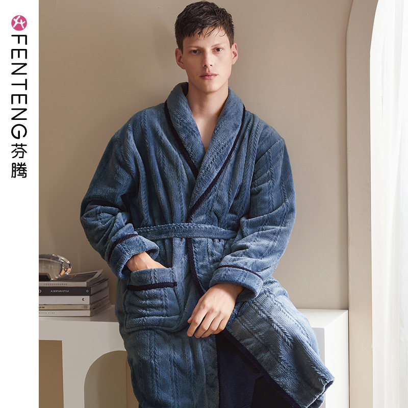 Fenteng coral fleece nightgown men's autumn and winter thick long pajamas men's plus size flannel home wear bathrobe