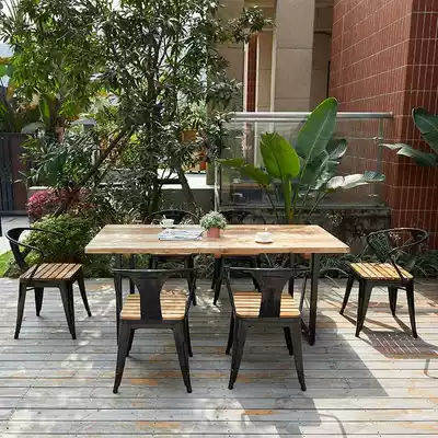 Outdoor wrought iron solid wood anti-corrosion wood Simple courtyard balcony open-air rainproof sunscreen outdoor garden long table and chair combination
