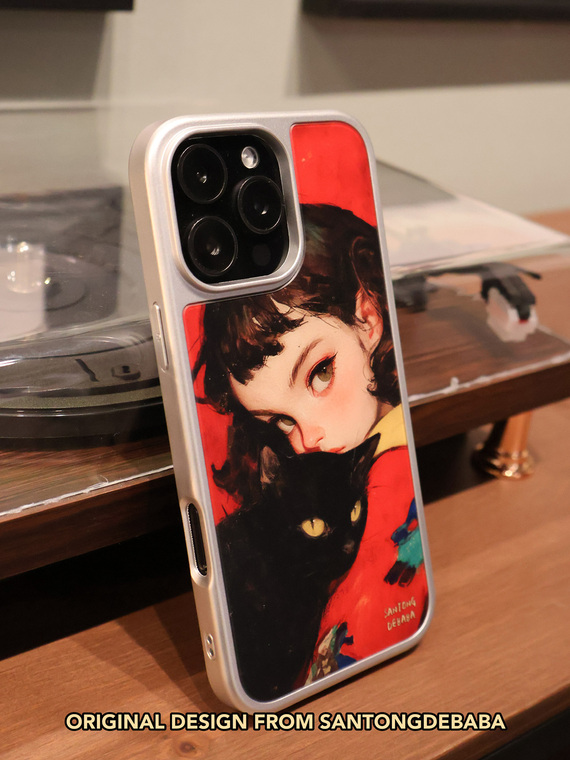 Girl & Black Cat Art Matte MagSafe Hard iPhone Case