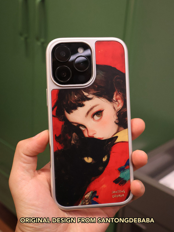 Girl & Black Cat Art Matte MagSafe Hard iPhone Case
