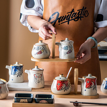 Seasoning jar ceramic Japanese cute with spoon set home kitchen sauce pot catering salt monosodium glutamate oil splashed spicy jar