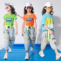 Childrens hip-hop hip-hop dance suit Korean version of the male and female childrens net red two-piece set girl umbilical jazz dance catwalk tide suit summer