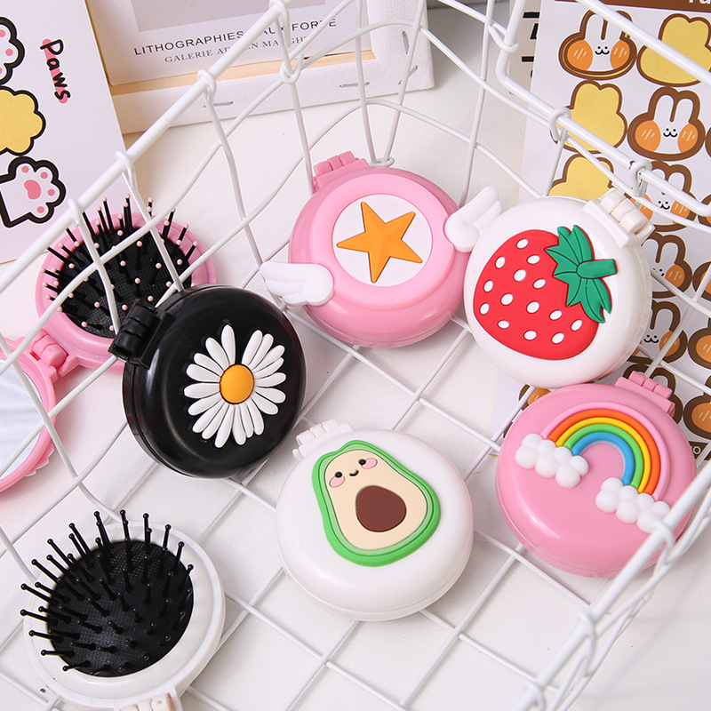 Folded small comb with mirror suit cute girl mini air bag comb with cartoon portable air cushion comb