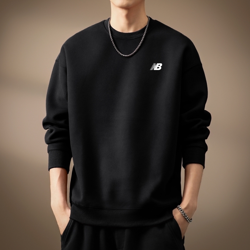 New Balance Long-Sleeve T-Shirt for Men, Spring, Autumn, and Winter, Pure Cotton, Round Neck Top, Base Layer Shirt, Large Size Sweatshirt for Young and Middle-Aged Men, Fleece-Lined T-Shirt