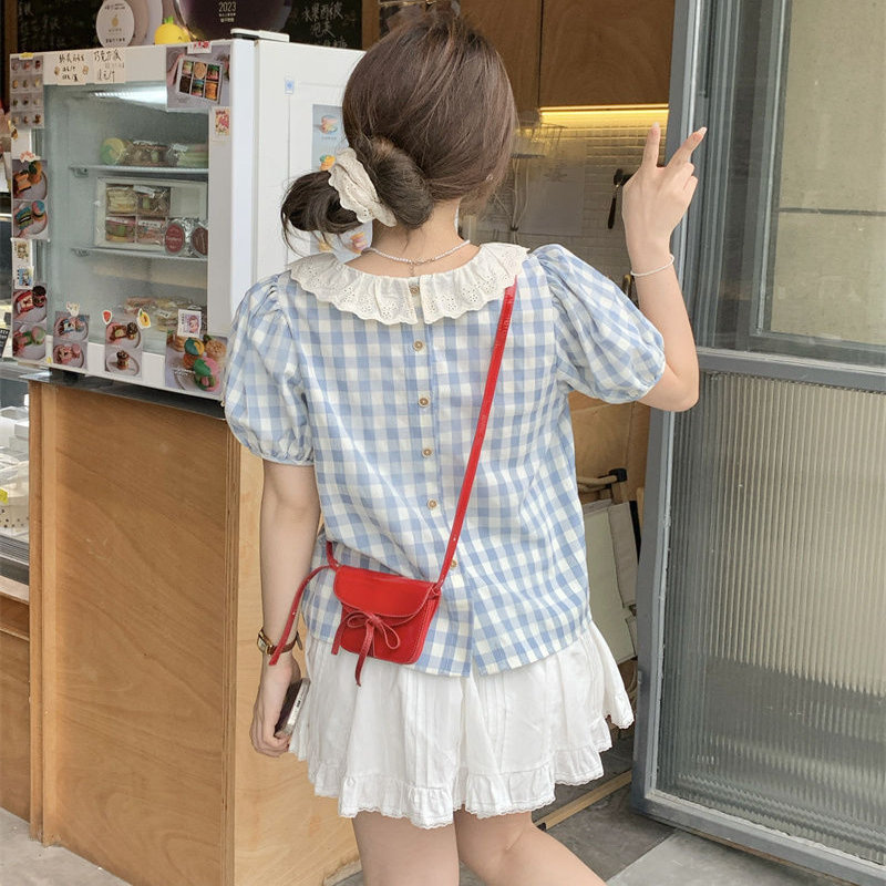 2026 New Fashionable and Stylish Reversible Lace Collar Plaid Short-Sleeve Shirt Fresh Top for Women