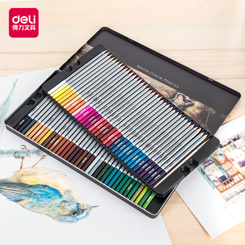 Deli water-soluble color pencil 24 36 48 72 color iron box color pencil brush Hand-drawn beginner art student drawing pencil Students with kindergarten color pencil