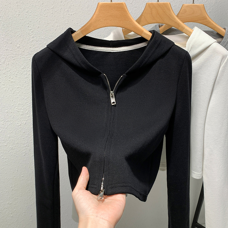 Black Hooded Sweatshirt for Women, Spring and Autumn 2026 New Popular Style, Slim Fit, Double Zipper, Hooded Top, Long Sleeves