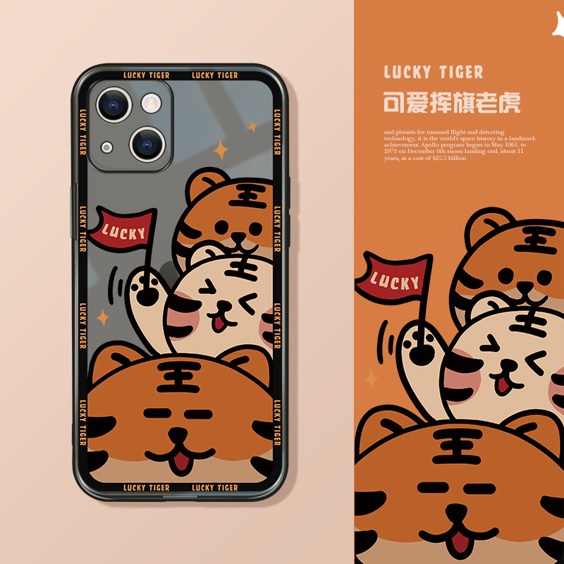 Suitable for Apple 13promax transparent black mobile phone protective shell 12pro creative tiger year mobile phone protective shell iPhone11 lens all-inclusive xsmax cute waving flag tiger apple
