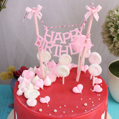 Cake decoration pink bow non-woven happy birthday English font straw insert flag insert card