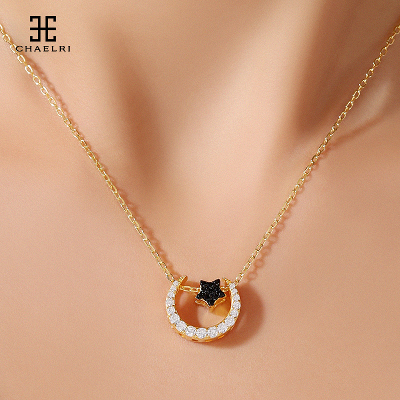 Lambil Star Moon Crescent Combination S925 Sterling Silver Rose Gold Plated Necklace Women's Collarbone Chain Japanese and Korean Edition Jewelry