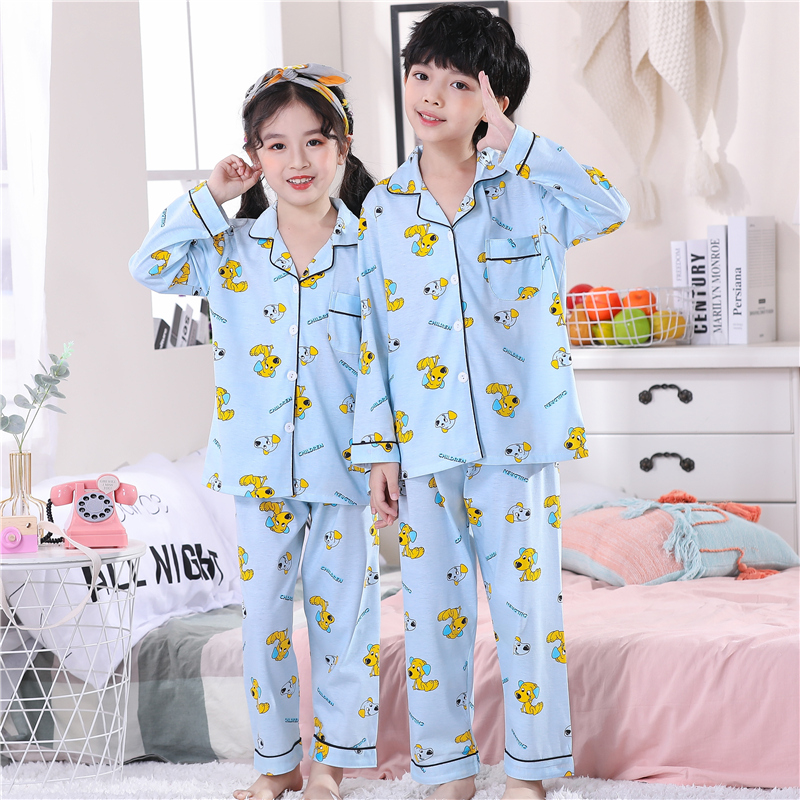 . Xuân Thu childrens tay áo ngắn trẻ em vừa đồ ngủ womens bông bộ bé trai quần áo nhà cô gái mùa hè mỏng