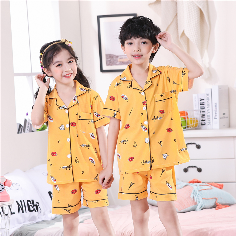 . Xuân Thu childrens tay áo ngắn trẻ em vừa đồ ngủ womens bông bộ bé trai quần áo nhà cô gái mùa hè mỏng