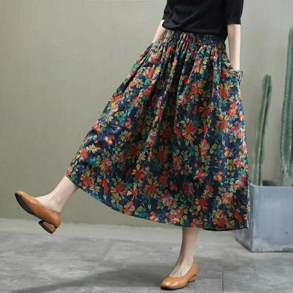 Cotton and linen floral skirt spring and summer 2021 new mid-length version high-waisted thin a-line retro elastic midi skirt