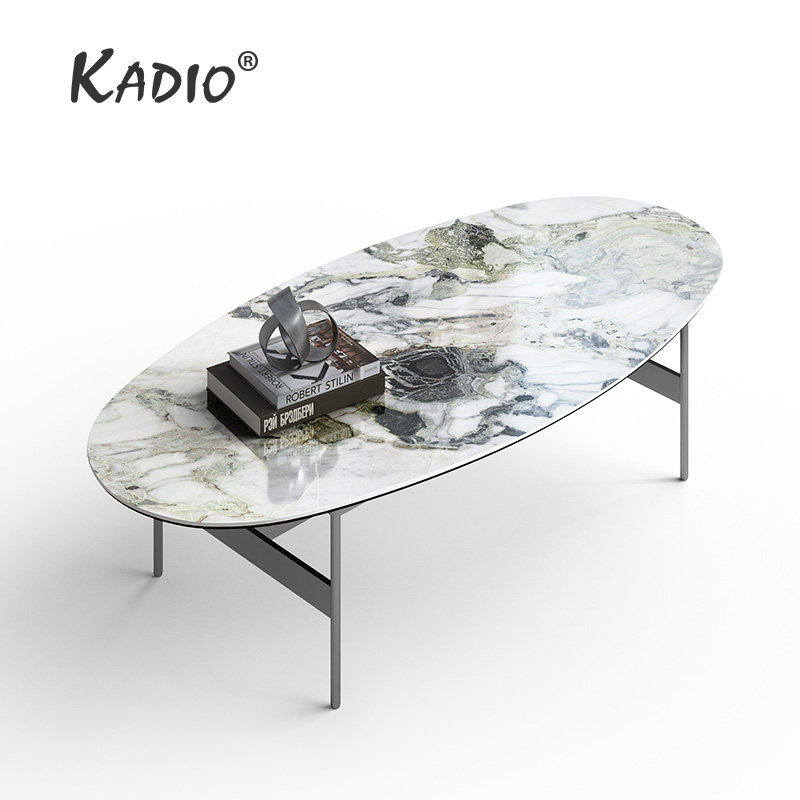 KADIO Italian Light Luxury Bright Slate Titanium Black Stainless Steel Feet Minimalist Oval Coffee Table High and Low Combination