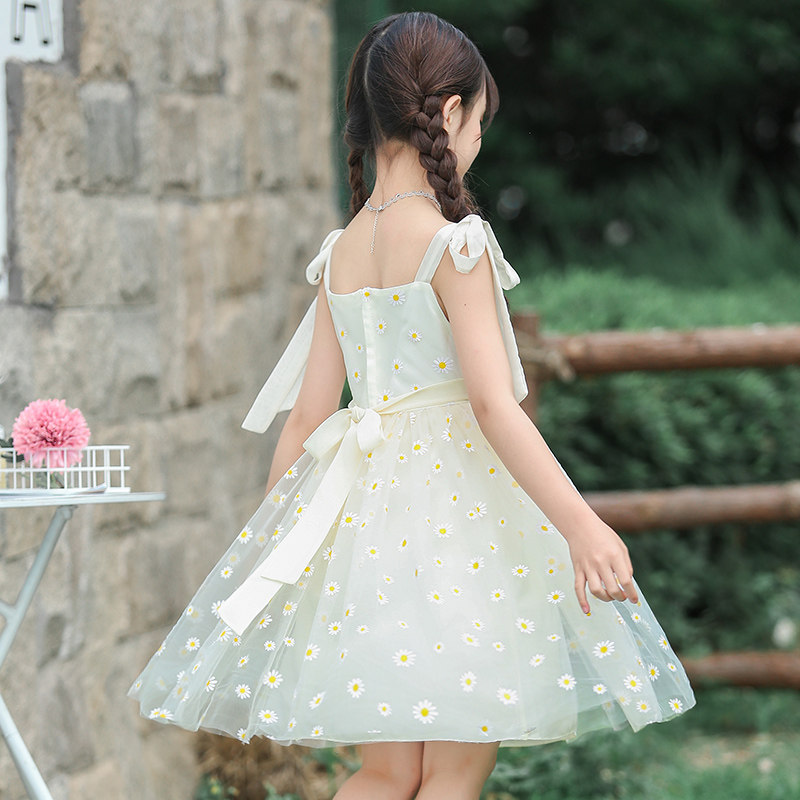 Girls summer sundress Korean version of small daisies printed dress Summer large childrens thin mesh skirt Floral skirt