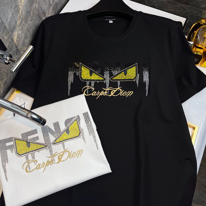 Suitable for Mufendi Men's Fashion Collaboration Short-Sleeve Ice Silk T-Shirt with Little Monster Devil Eyes and Rhinestone Details for Layering