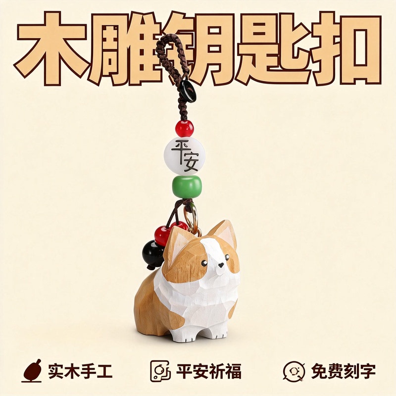 Handmade Wood Carving Corgi | Car Keychain 2025 New Model for Men and Women, Backpack Pendant Gift