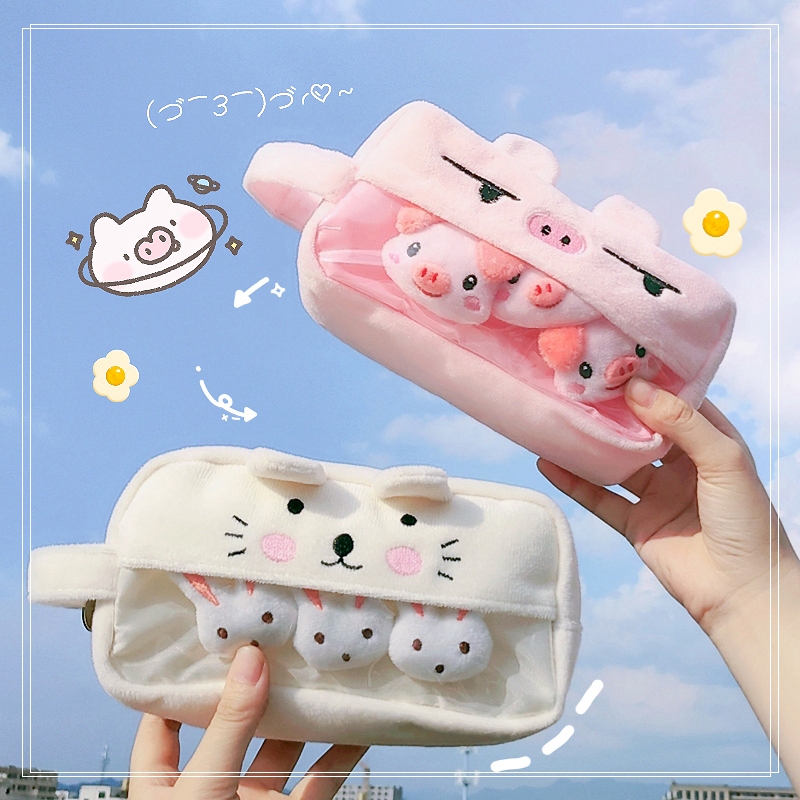 Cute cartoon stationery box Japanese super cute small animal plush pencil bag zipper girl heart personality storage canvas bag