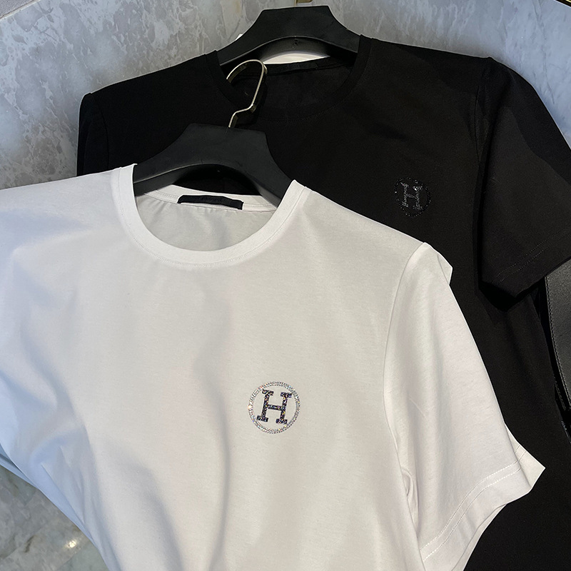 Compatible with Hermès Men's Clothing Collaboration 2026 Silk Cotton Short-Sleeve T-Shirt Men's White T-Shirt Summer Thin Half-Sleeve