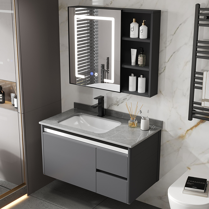 Bathroom Vanity Unit with Space Aluminum and Sintered Stone, Bathroom Cabinet with Washbasin, Sink, Bathroom Sink, Smart Mirror