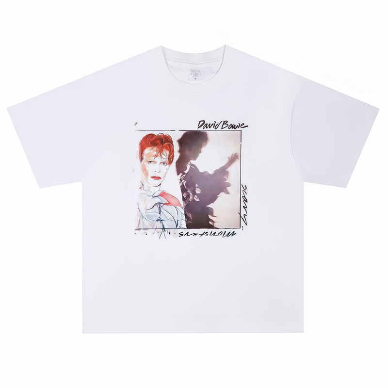 Screen-Printed David Bowie Album Heavyweight Short-Sleeve T-Shirt, Loose-Fitting, Vintage American Style