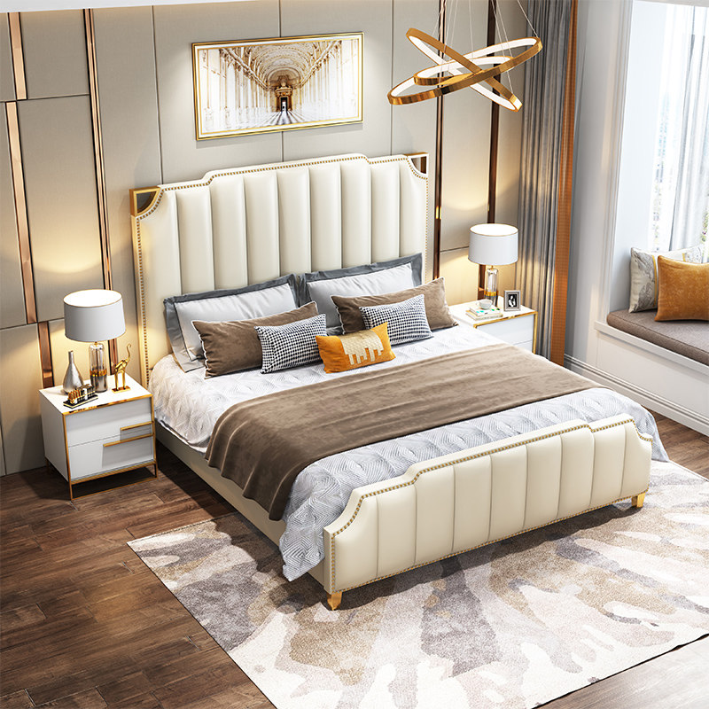 Light lavish postmodern minimalist genuine leather bed American Nordic-style Italian style minimalist master bedroom with soft bag double bed