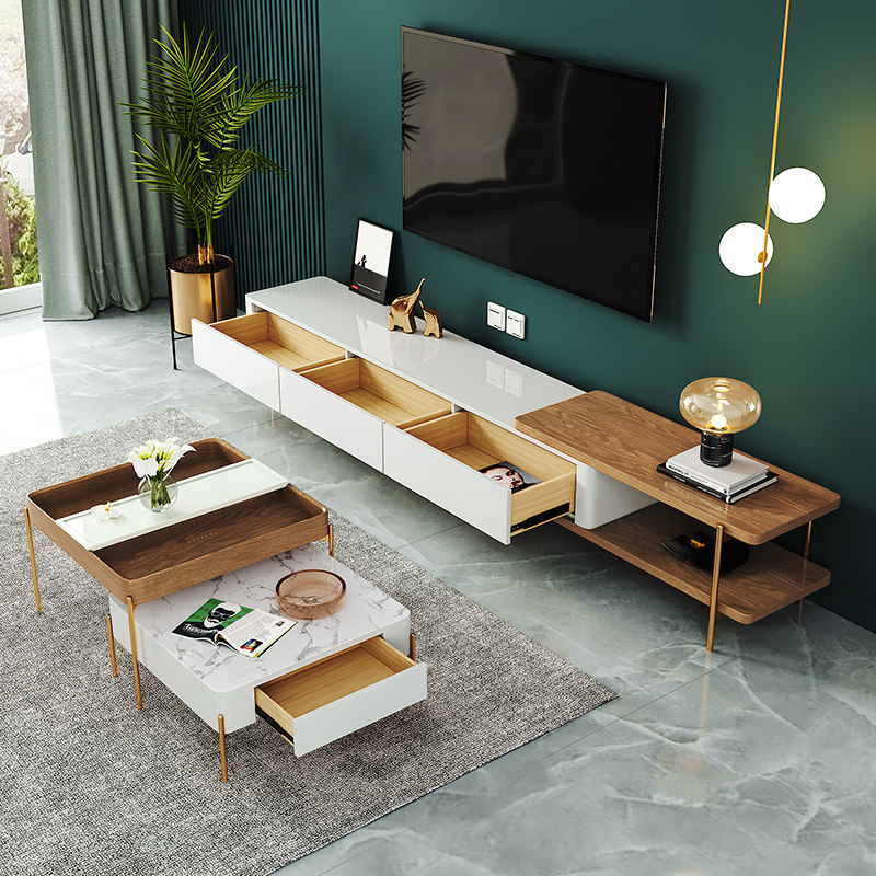 Modern minimalist coffee table TV cabinet combination Nordic retractable multifunctional storage storage light luxury living room floor cabinet