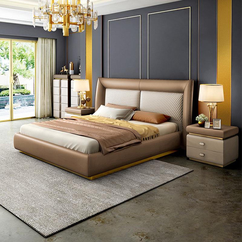 Light extravagant genuine leather bed 1 8 m postmodern minimalist biathlon master bedroom with extremely simple Nordic leather art soft bag bed wedding bed