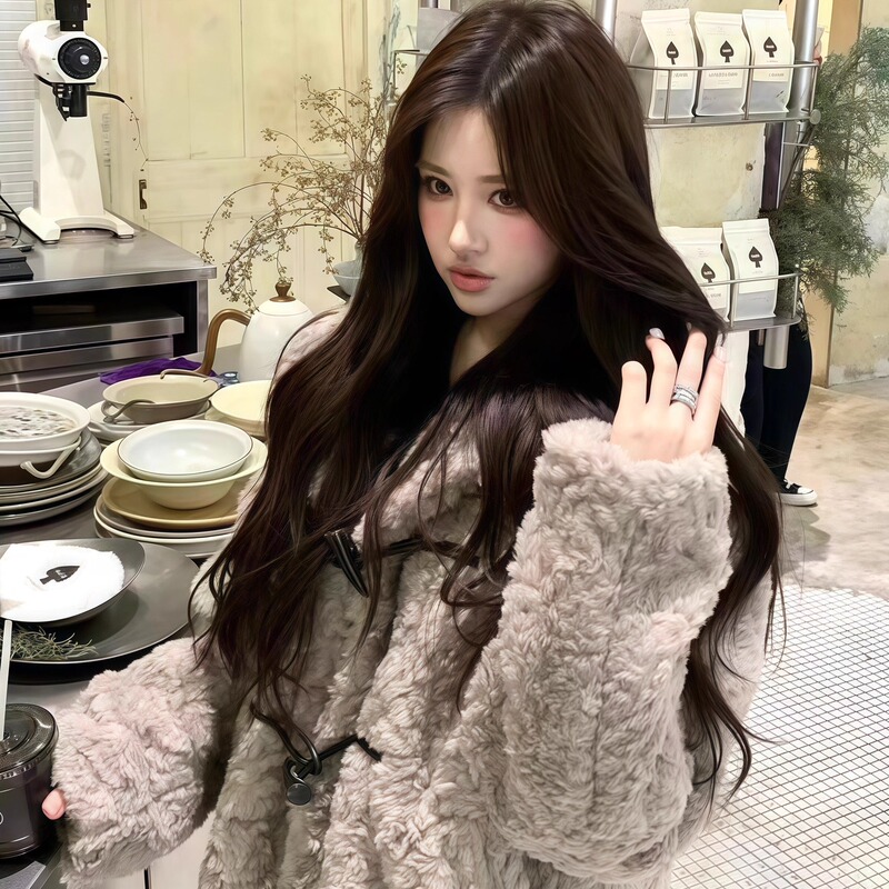 Retro Lamb Fur Outwear for Women, Winter Loose-Fitting Horn-Button Warm and Thickeneded High-End Eco-Friendly Fur Outwear